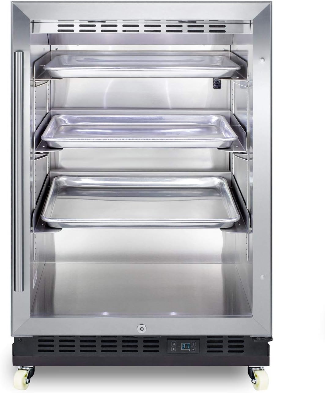 Summit Appliance SCR610BLRI Built-in Undercounter Mini Reach-in Commercial Beverage Center w/SS Interior, Sheet Pans and Adjustable Tray Supports, Lock, Digital Thermostat, and Removable Dolly