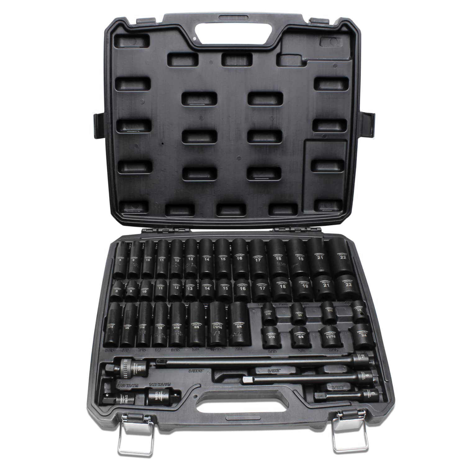 TIGHTSPOT Zestaw nasadek udarowych PRO, nasz najpopularniejszy zestaw nasadek udarowych z SAE i metrycznymi od 5/16 cala - 3/4 cala, 8-19 mm + 21 mm + 22 mm, standardowe/głębokie gniazda,