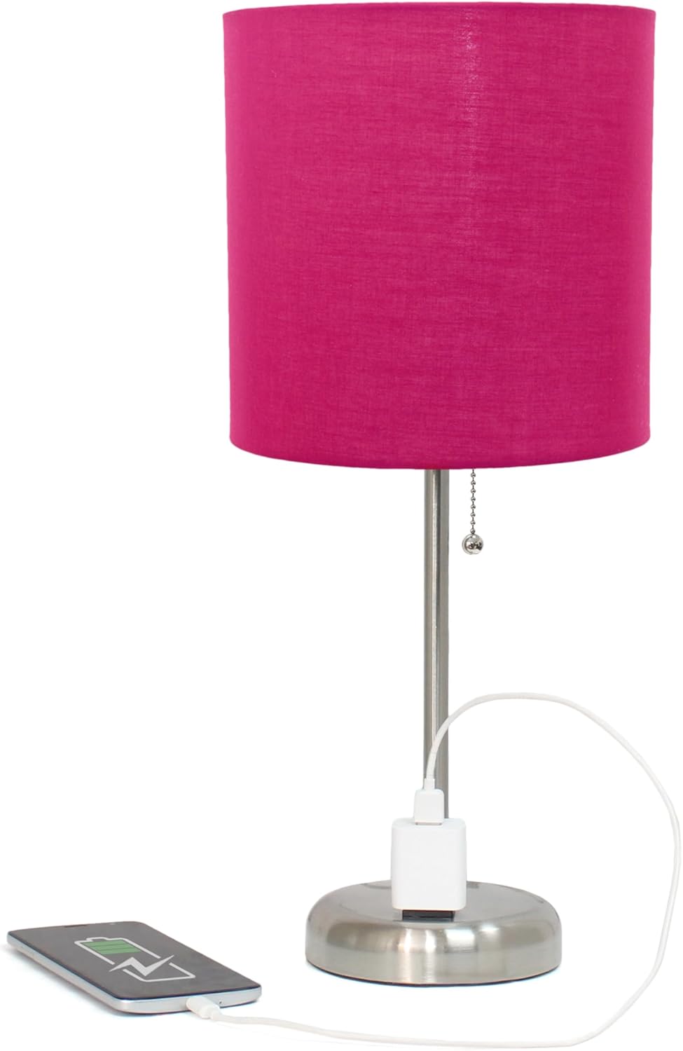 Simple Designs LT1144-PNK-2PK 19.5" 2-Pack Sleek and Slender Brushed Steel Table Lamp with Charging Outlet, for Bedroom, Living Room, Entryway, Office, Dining Room, Study, Pink Shades