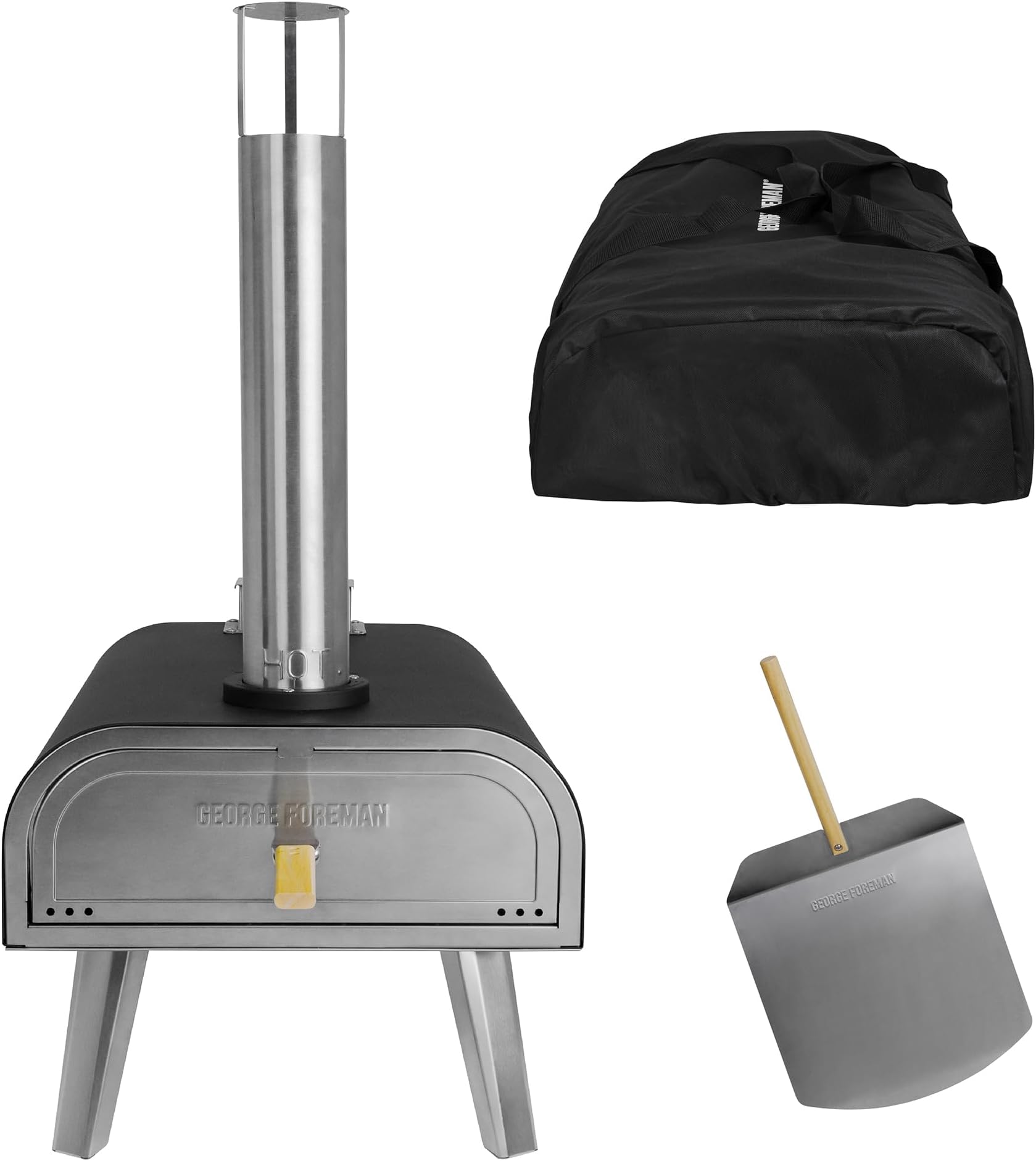 George Foreman Outdoor 16 Inch Wood Pellet Portable Wood Fired Pizza Oven Black with Paddle and Carry Bag, BBQ Oven & Smoker, Foldable Legs GFWPPO2BPC