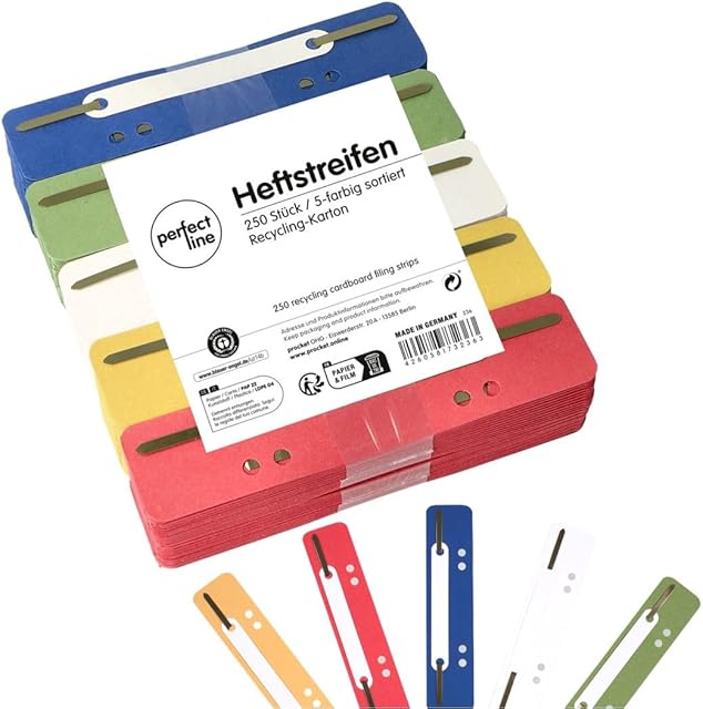 perfect line 250 Recycling Heft-Streifen bunt, Natur-Karton Akten-Dulli in 5 Farben, Laschen in 250 g, bunte Hefter-Zungen aus Pappe, perfektes Zubehör zum Trennen & Sortieren von Dokumenten im Büro