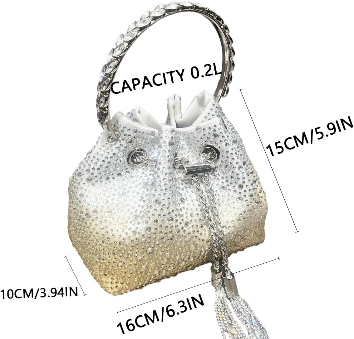 crystal handle evening handbag, white satin with silver tassels, women's drawstring bucket handbag