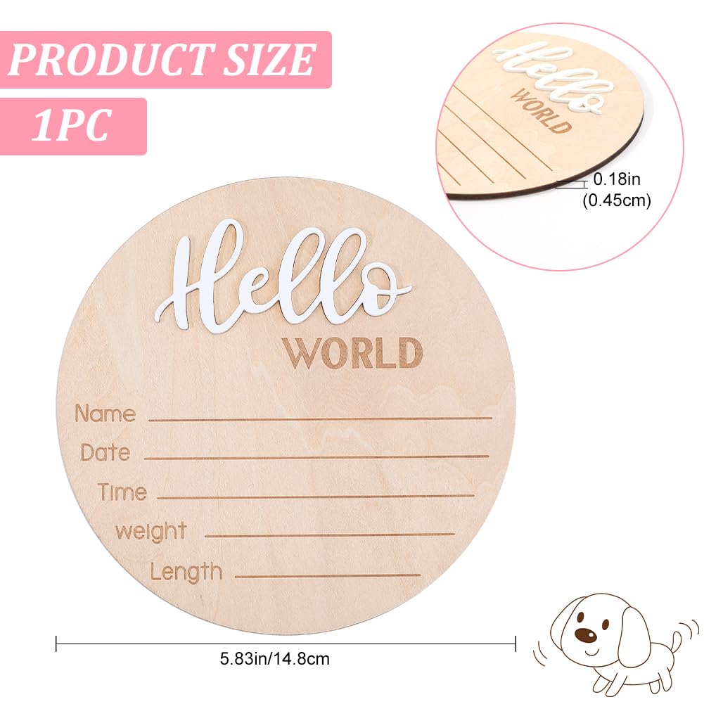 CRASPIRE Baby Announcement Sign Flat Round Hello World Welcome Newborn Sign Wooden Baby Photo Props Birth Announcement Sign Name Plaques for Boys Photo Prop Baby Shower Nursery Hospital