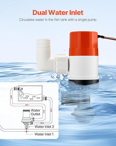 Miniatura 4 de VEVOR Bomba Livewell de 800 GPH para barco, bomba aireadora recta de 12 V con doble entrada, carcasa ABA y cartucho de motor desmontable, bomba de