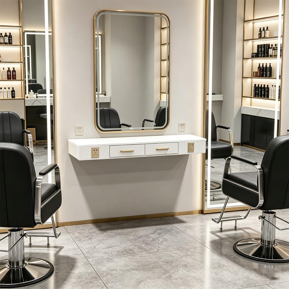 Postazione Di Lavoro Galleggiante Per Salone, Armadietto Per Attrezzi Da Barbiere in Legno Con 2 Cassetti E Scaffali A Parete Aperti, Organizzatore Per Cosmetici E Attrezzature Spa,Cc