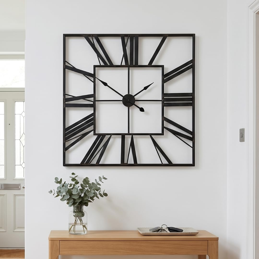 Heaven4you Black Large Square Wall Clock 60Cm Roman Numerals Metal Silent