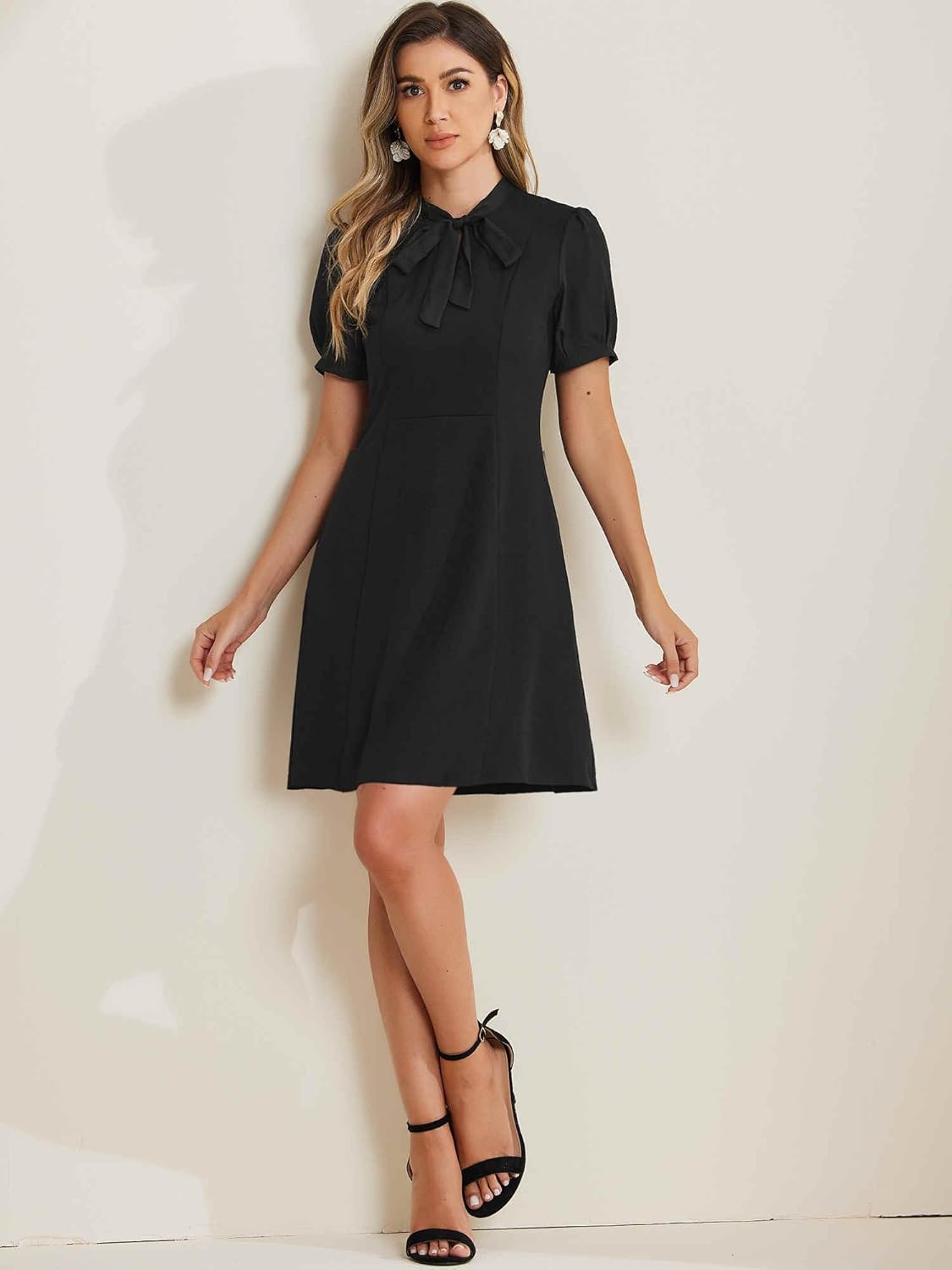 Allegra K Elegant Dresses for Women's Tie Neck Puff Short Sleeve Office Work Dress - Image 3