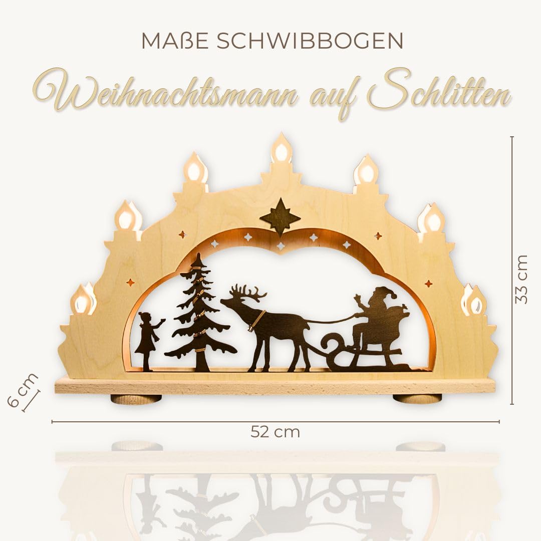 weigla - Schwibbogen original Erzgebirge I LED Lichterbogen Weihnachten I Motiv Weihnachtsmann auf Schlitten Rustikal I 7 Lampenkerzen + 1 Ersatzlampe I 7 x 34 V, 0,2 W, E10 I Weihnachtsdeko