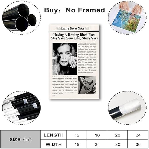 Miniatura 2 de Ureyo Lienzo vintage funky para pared, póster con citas inspiradoras de chicas modernas, periódicos en blanco y negro, carrito de discoteca,