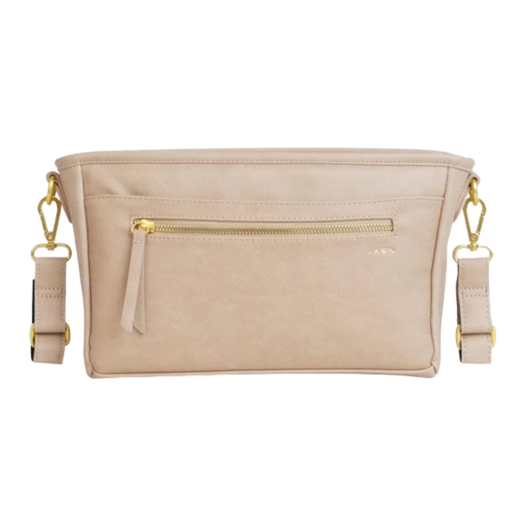 FAWN DESIGN The Kinderwagen-Caddy aus hochwertigem, mattem Kunstleder mit Getränkehalter, beige Wickeltasche mit verstellbaren Kinderwagengurten, 2 Außentaschen, 1 Reißverschlusstasche, 35,6 x 12,7 x