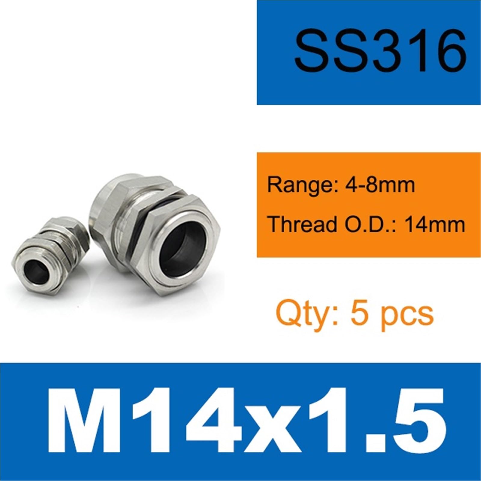 Metall Kabelverschraubungen Edelstahlverschraubungen 316 Metall Wasserdichte Kabelverschraubungen M8 M10 M12 M16 M20 M22 M30 Gewinde Kordelgriffe(M14-SS316-5pcs)