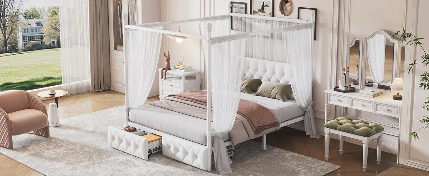 Harper & Bright Designs Queen Size Metal Canopy Platform Bed with Upholstered Headboard and Two Storage Drawers Bed Frame for Boys Girls Kids Adults Toddler, White