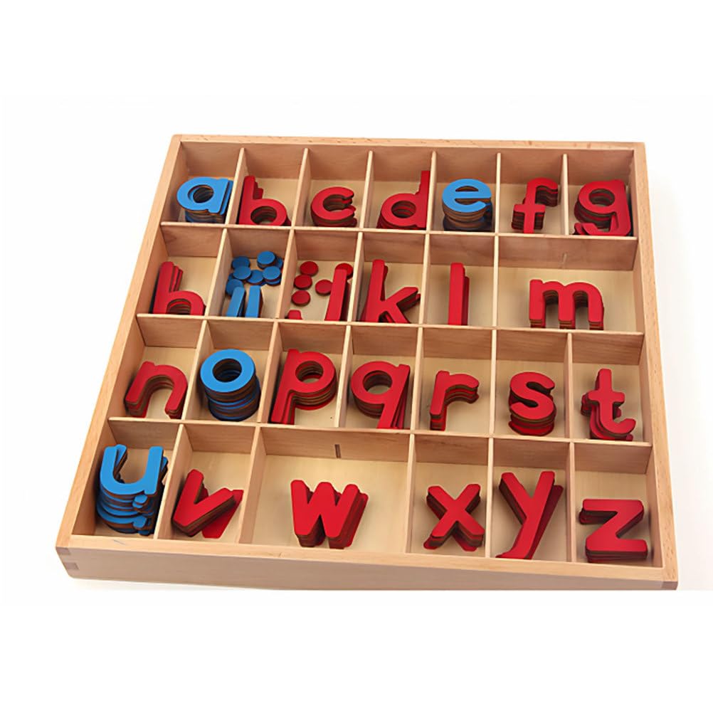 Alfabet Ruchomy Montessori - Drewniane Małe Litery z Pudełkiem i Matą, Czerwone Spółgłoski i Niebieskie Samogłoski