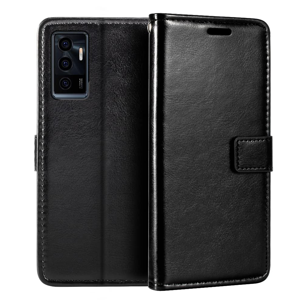 Leather Case Compatible with Vivo V23E, Business Design Magnetic Flip Cover with 3 Card Slots, Photo Frame, and Hidden Wallet(Black)