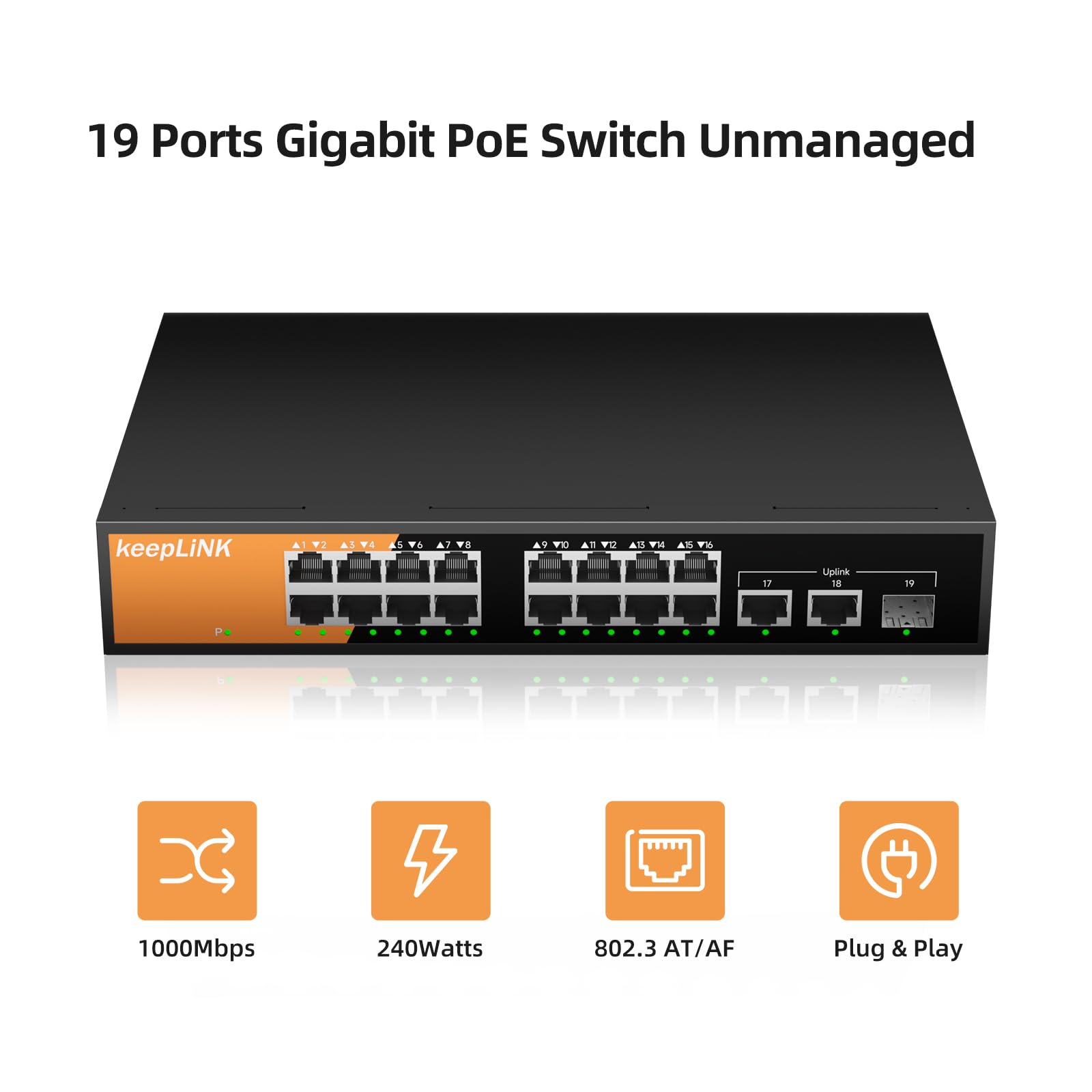 Commutateur Gigabit PoE non-géré à 16 ports, 16 ports PoE+ à 240W, 2 ports de liaison montante Gigabit et 1 emplacement SFP, conforme 802.3 at/af, sans ventilateur et boîtier métallique, pour