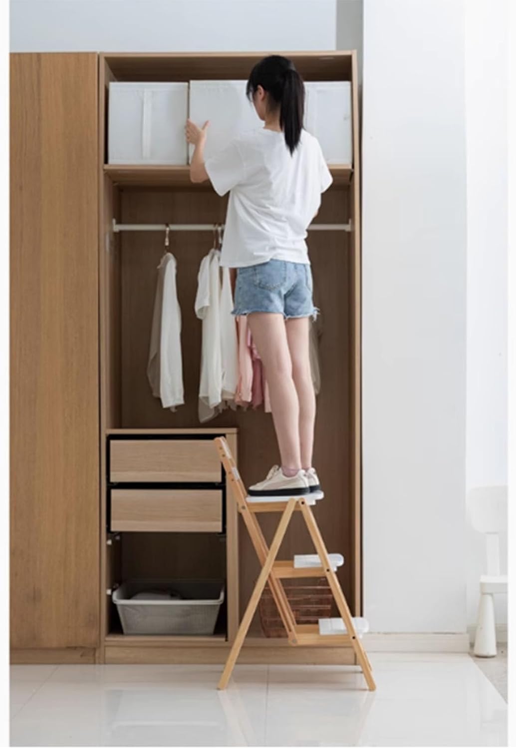 Solid Wood Ladder Stool Counter Height High Stool, Portable Folding Stool, Kitchen Outdoor Step Stool, Solid Wood Folding Stool, Folding Bar Stool Three Step Ladder Stool, Folding Bar Stool Wooden C