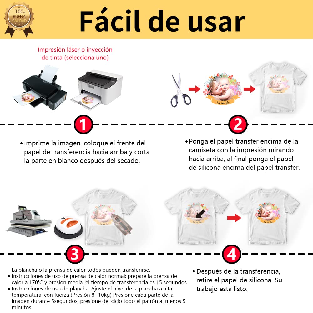 TransOurDream-Papel de Transferencia Para Camiseta Clara,3.0 Ahorro*protección del medio ambiente (A5X10 Hoj.),Papel Transfer Apto Tinta o Láser,vinilo HTV,Perfecto para Fiesta.ES-03-10A5