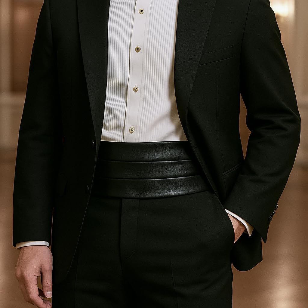 Made in Italy Men's Black Leather Cummerbund Tuxedo Belt