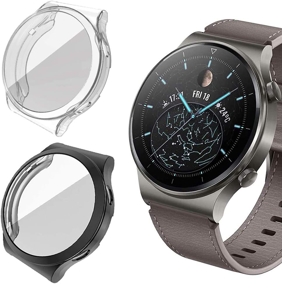 2 Pack Screen Protector Cases Compatible with HUAWEI Watch GT 2 Pro Case,Soft Flexible TPU All- Around Screen Cover Case Frame Shock Resistant Cover for Huawei GT2 Pro Accessories(Clear+Black)