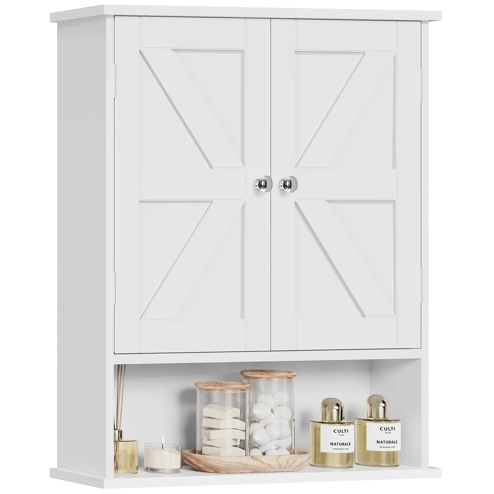 TEENFON Bathroom Wall Cabinet, Over The Toilet Space Saver Storage with Barn Doors &amp; Adjustable Shelf, Hanging Medicine Cabinet, White 7.1" D x 15.4" W x 19.3" H
