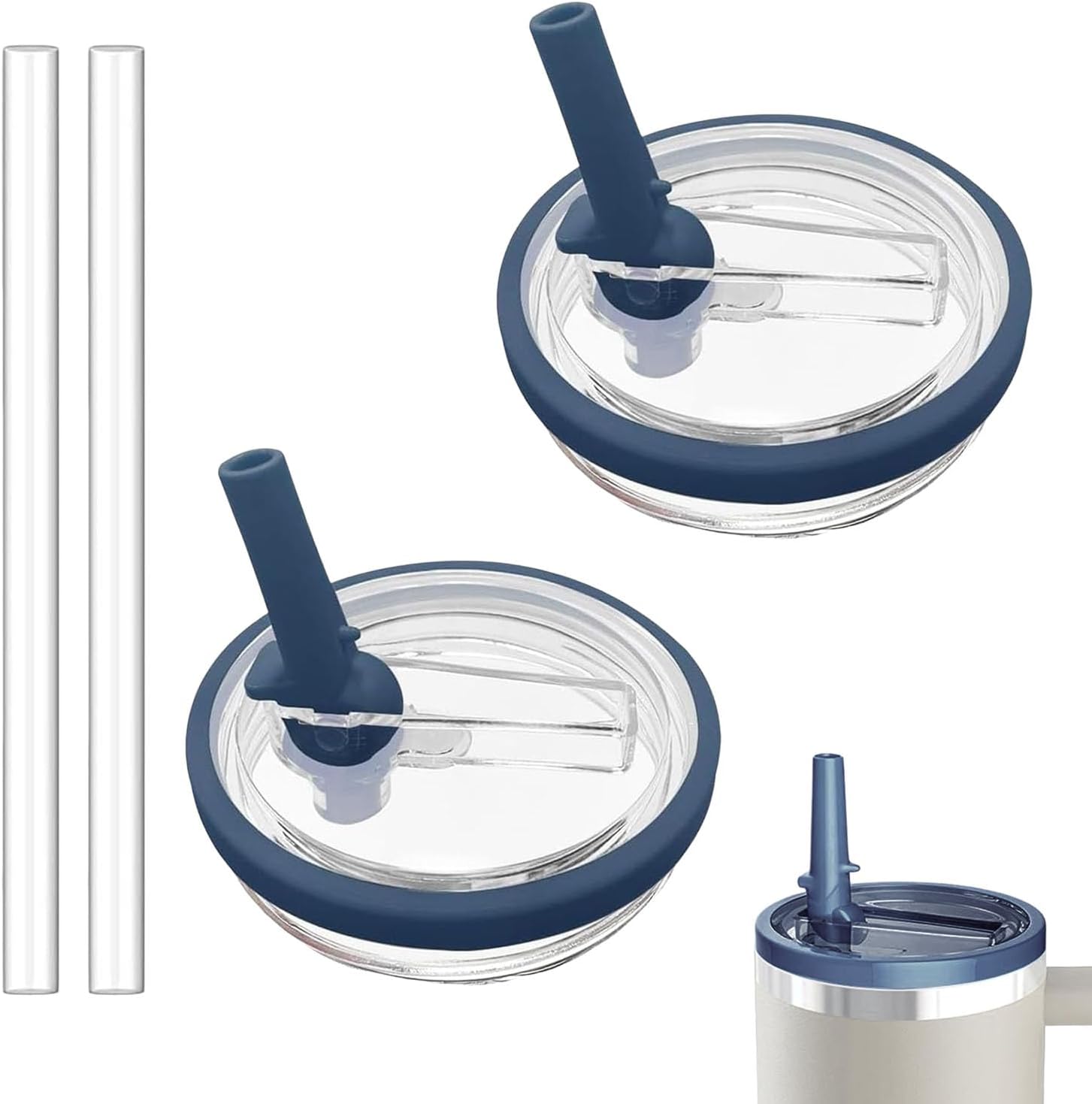 40 OZ Tumbler Lid Replacement Fit for Stanley Quencher, 2 Pack Leakproof Top Cover Spill Proof Flip Straw Lids Compatible with Stanley Cup Accessories, Navy Blue