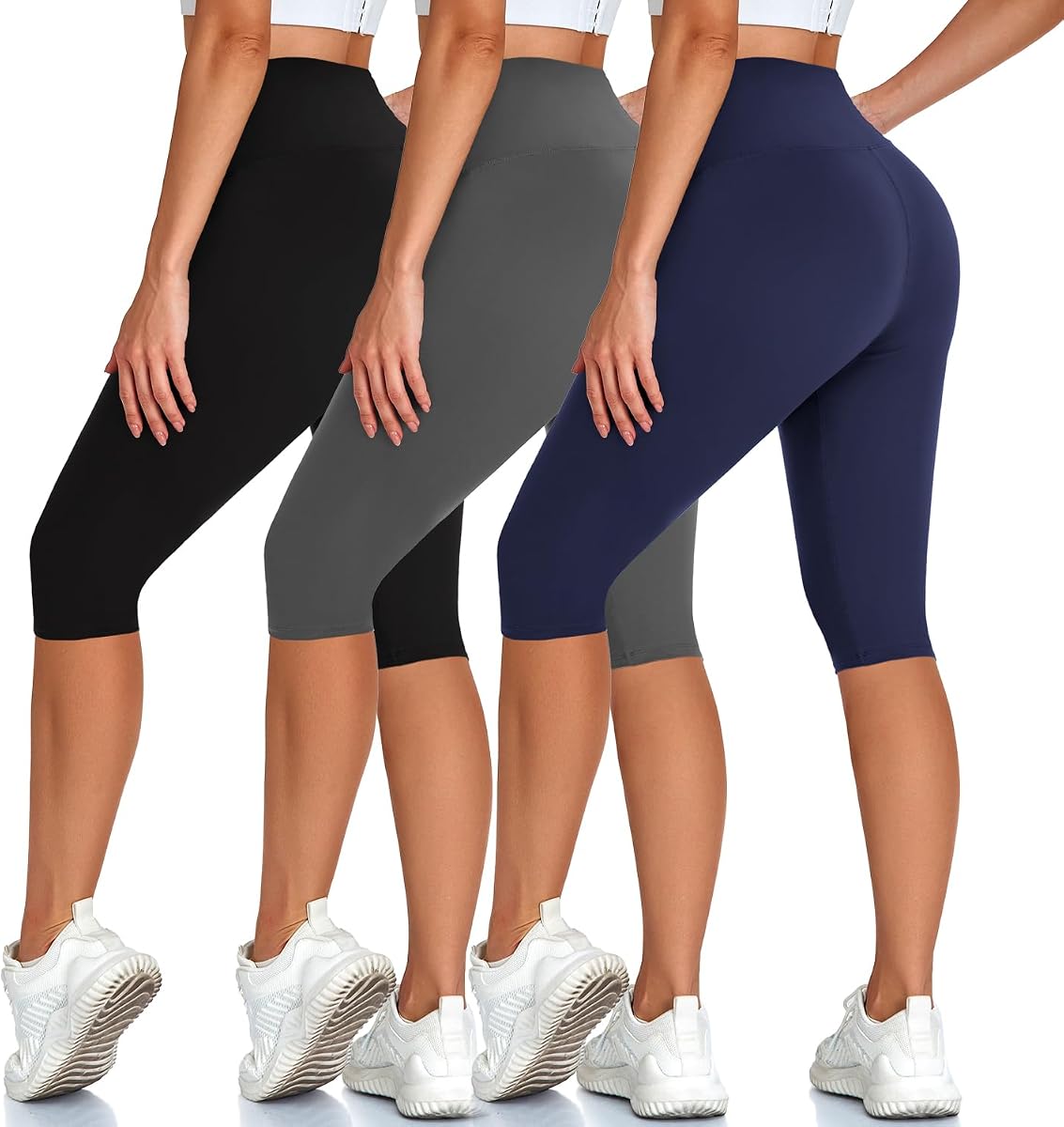 Hi Clasmix Paquete de 3 leggings para mujer – Control de barriga capri hasta la rodilla | Suave como la mantequilla, elástico en 4 direcciones, cintura alta, spandex, pantalones de yoga, entrenamiento, correr, gimnasio