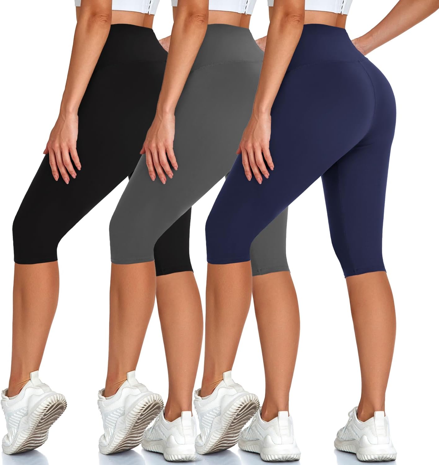 High Waisted 3 Pack Women's Capri Pants - Knee Length Yoga Shorts, Biker Workout Leggings for Women,Summer Activewear