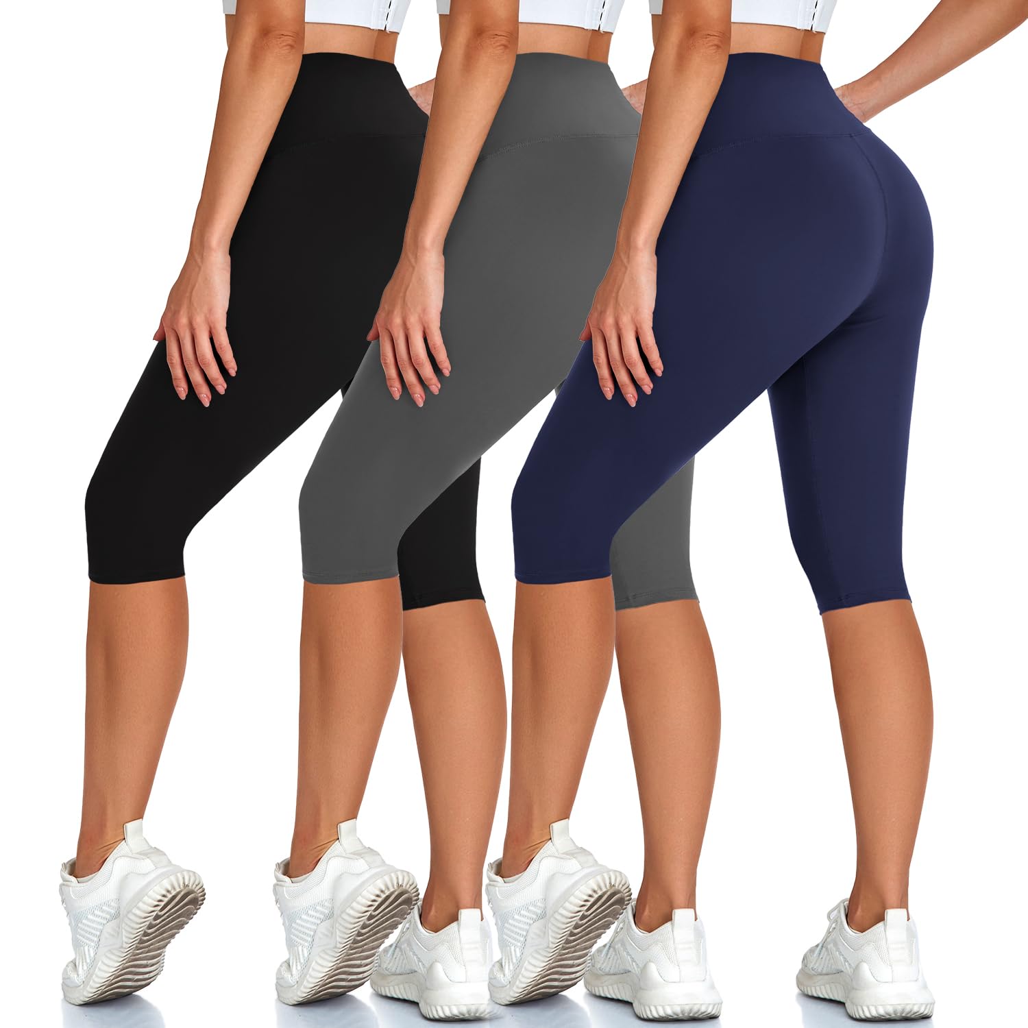 High Waisted 3 Pack Womens Capri Pants - Knee Length Yoga Shorts Biker Workout Leggings for Women Summer