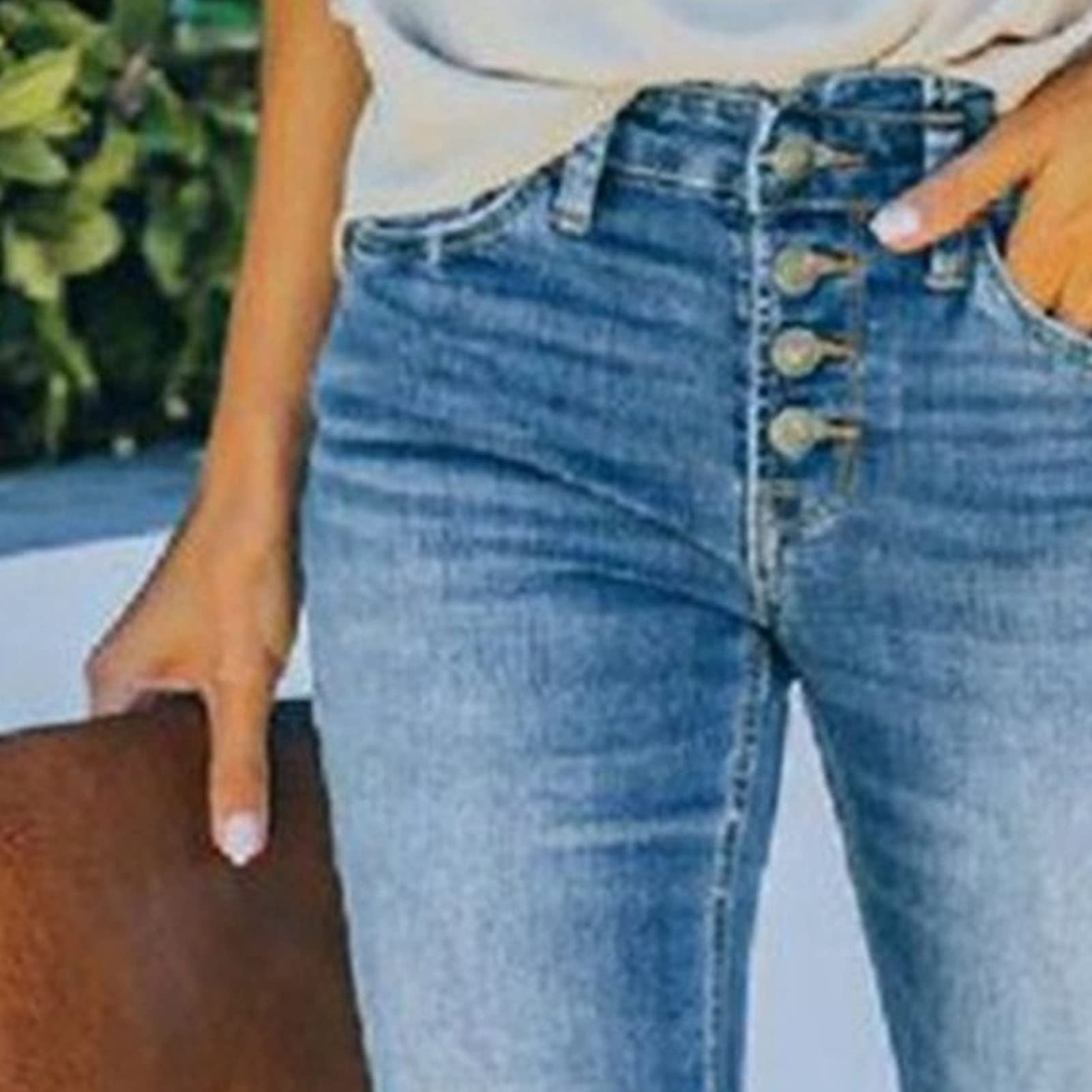 Women's Mid Rise Button Flare Jeans Bell Bottom Raw Hem Denim Pants Classic Boot Cut Wide Leg Jean Trousers (Blue,Medium)