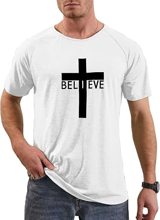 Mens Short Sleeve Crewneck Graphic Tee Believe Cross Print Christian Shirts Workout Shirts