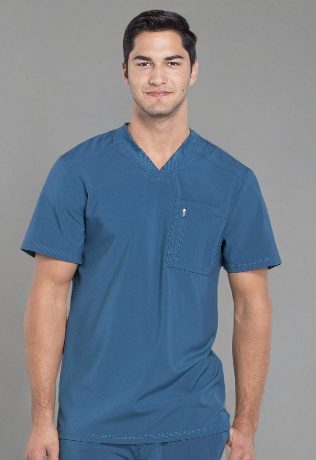 Cherokee Infinity Mens Tuckable V-Neck Scrub Top Modern Fit, 2 Pockets, Zip Chest Pocket, Rib-Knit, 360° Stretch – CK910A
