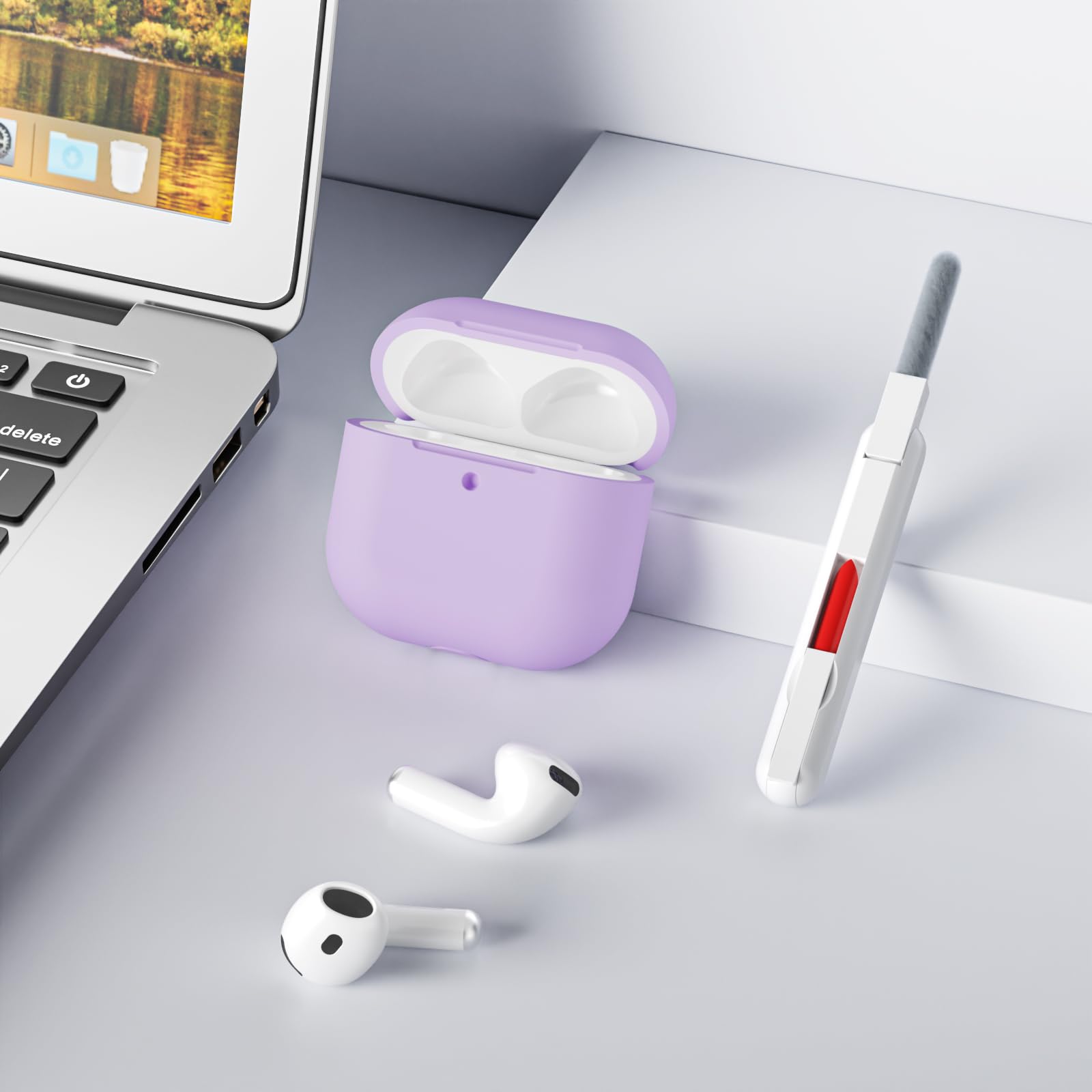 Coque Étui Protecteur Compatible avec AirPods 4 2024, LED Avant Peut être Visible, Housse en Silicone Anti-Choc Etui de Protection pour Airpods 4ᵉ Génération avec Kit de Nettoyage, Lavande