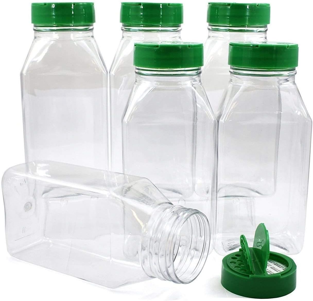 96 PACK - 14 Oz with Green Cap - Plastic Spice Jars Bottles Containers - Perfect for Storing Spice, Herbs and Powders - Lined Cap - Safe Plastic - PET - BPA free - Made in the USA