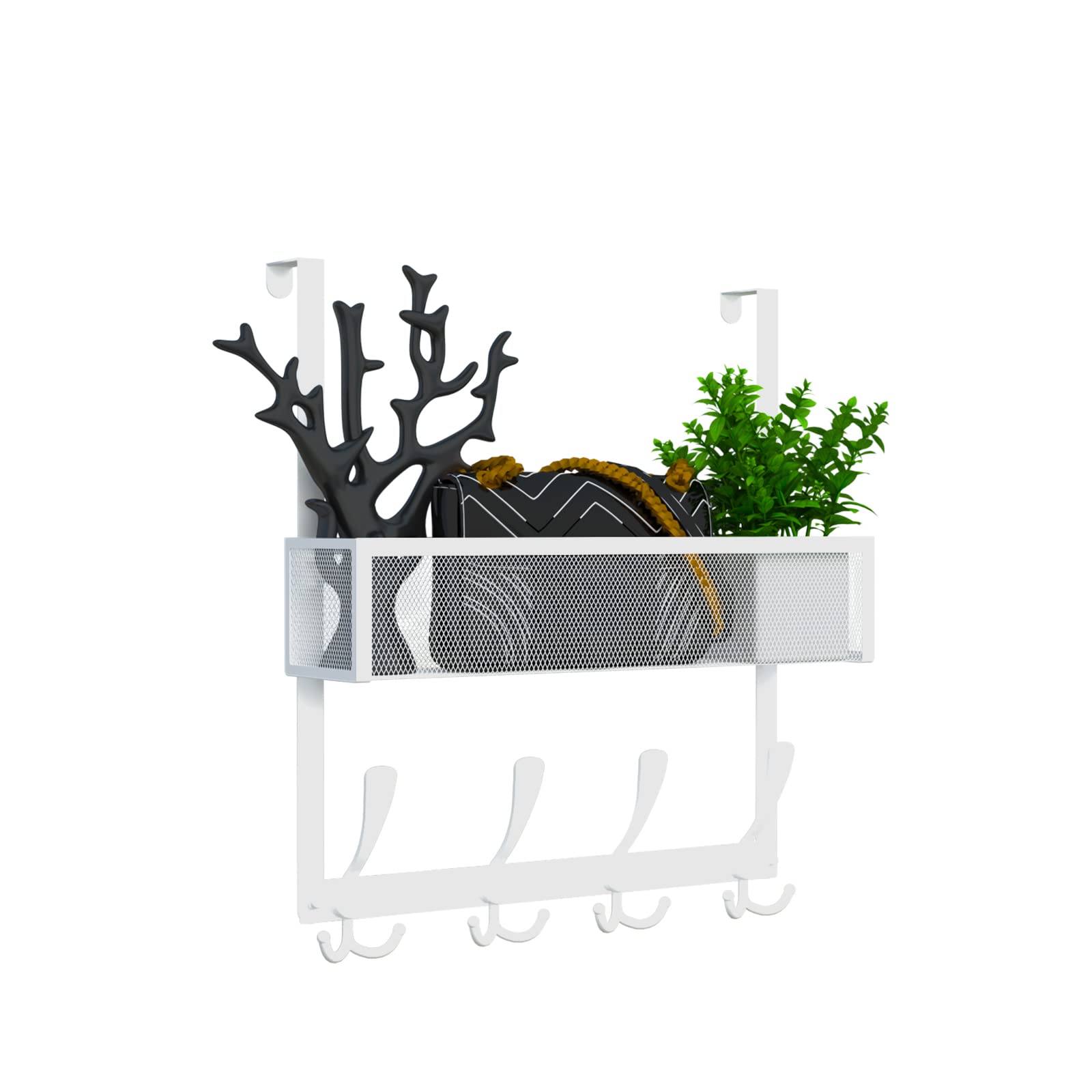 Over The Door Hooks Organizer,Over Door Hanger Towel Rack Mesh Basket with 12 Hooks,Back of Door Storage Organizer for Bedroom,Bathroom,Kitchen,Office(White)