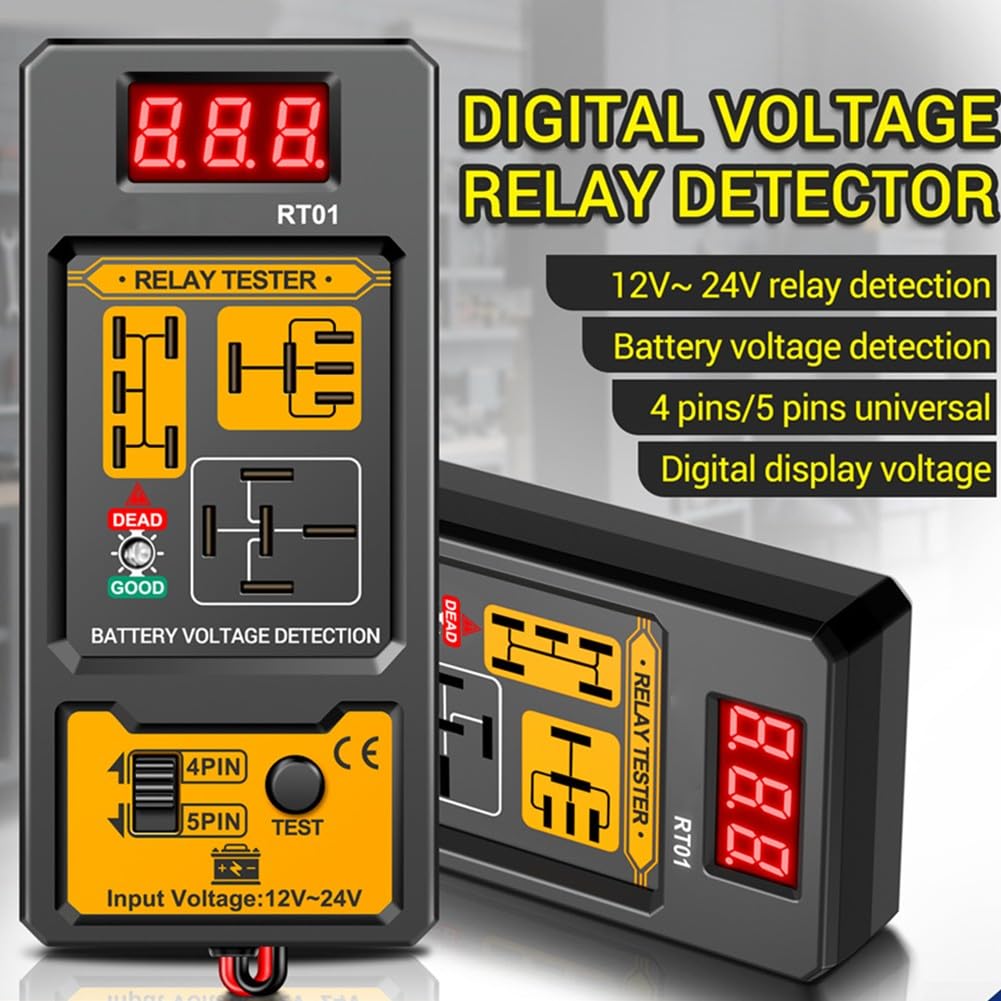 RT01 Testeur de relais automobile, analyseur de relais pour systèmes 12 V et 24 V, testeur de batterie de voiture, capteur de circuit de moto avec affichage numérique (RT01-BF01)