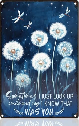 Letrero de metal retro de diente de león en la noche, decoración de pared de 8 x 12 pulgadas, diseño de libélula de diente de león, póster