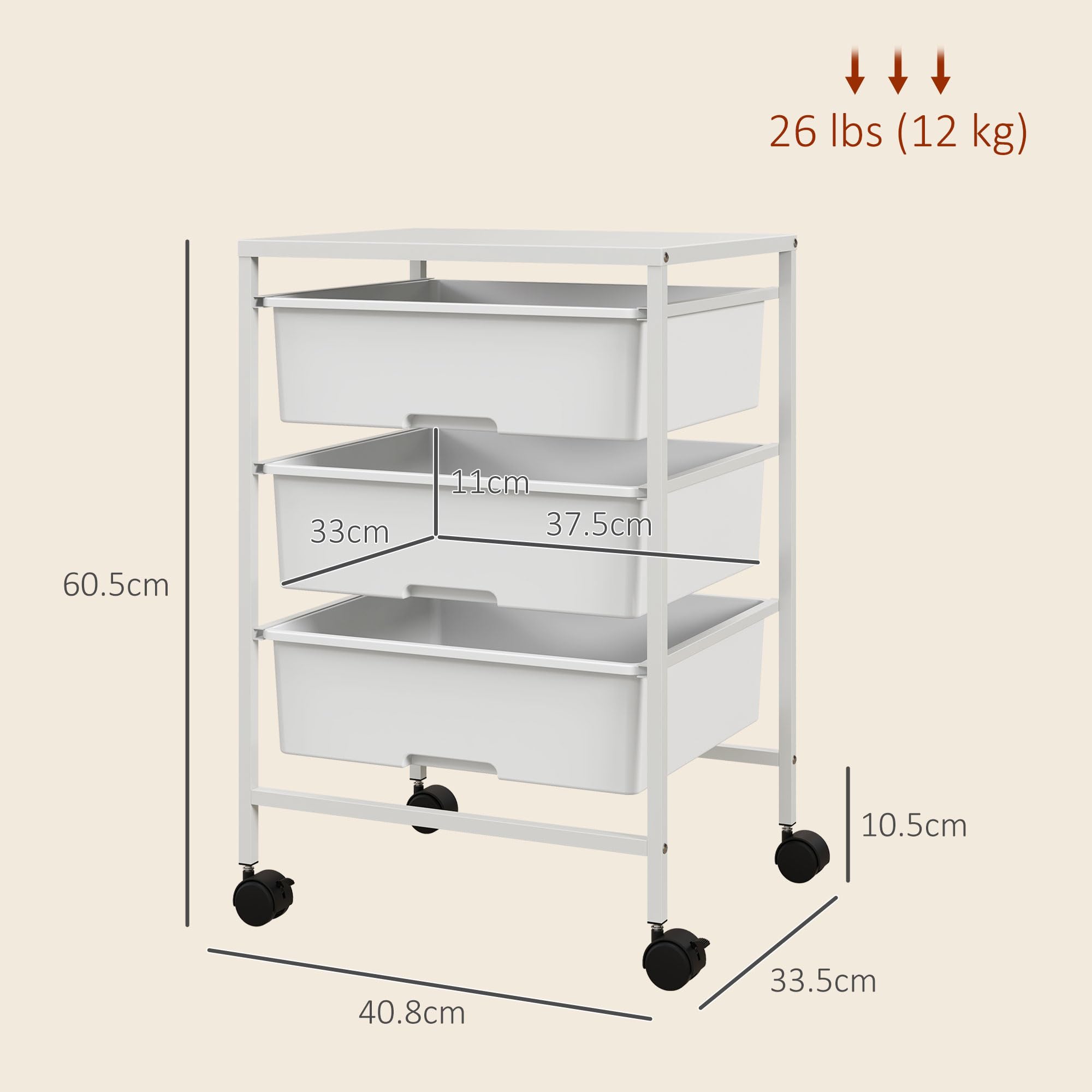 HOMCOM Carrello Portaoggetti con 3 Cestini Estraibili e Ruote, Carrello da Cucina Salvaspazio in Acciaio e Plastica, Bianco