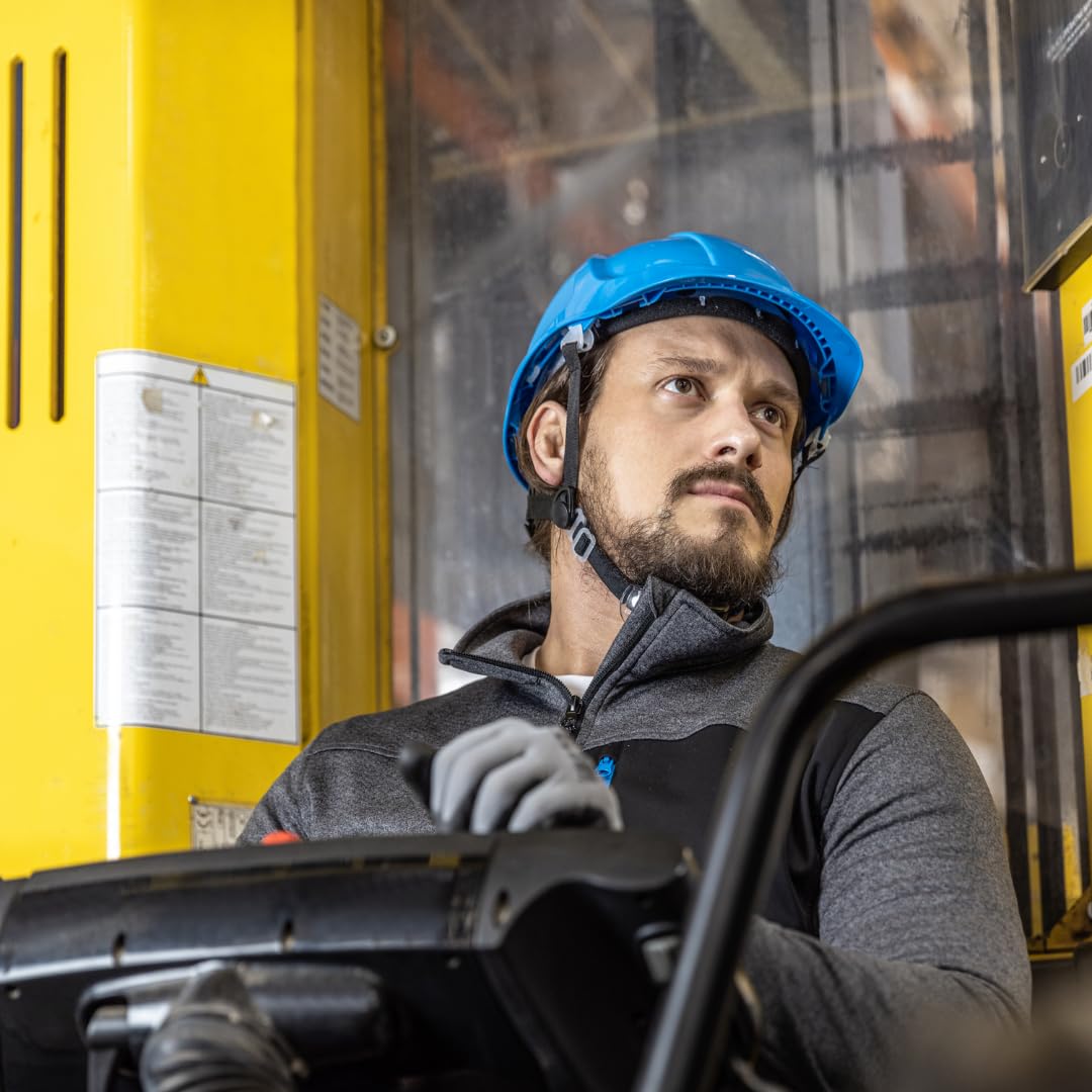 Högert Technik - Casco protettivo PLONER blu tinta unita | Casco protettivo per lavoratori edili | EN 397 | regolabile con un pulsante | fori di ventilazione | fascia di sudore | protezione dai raggi
