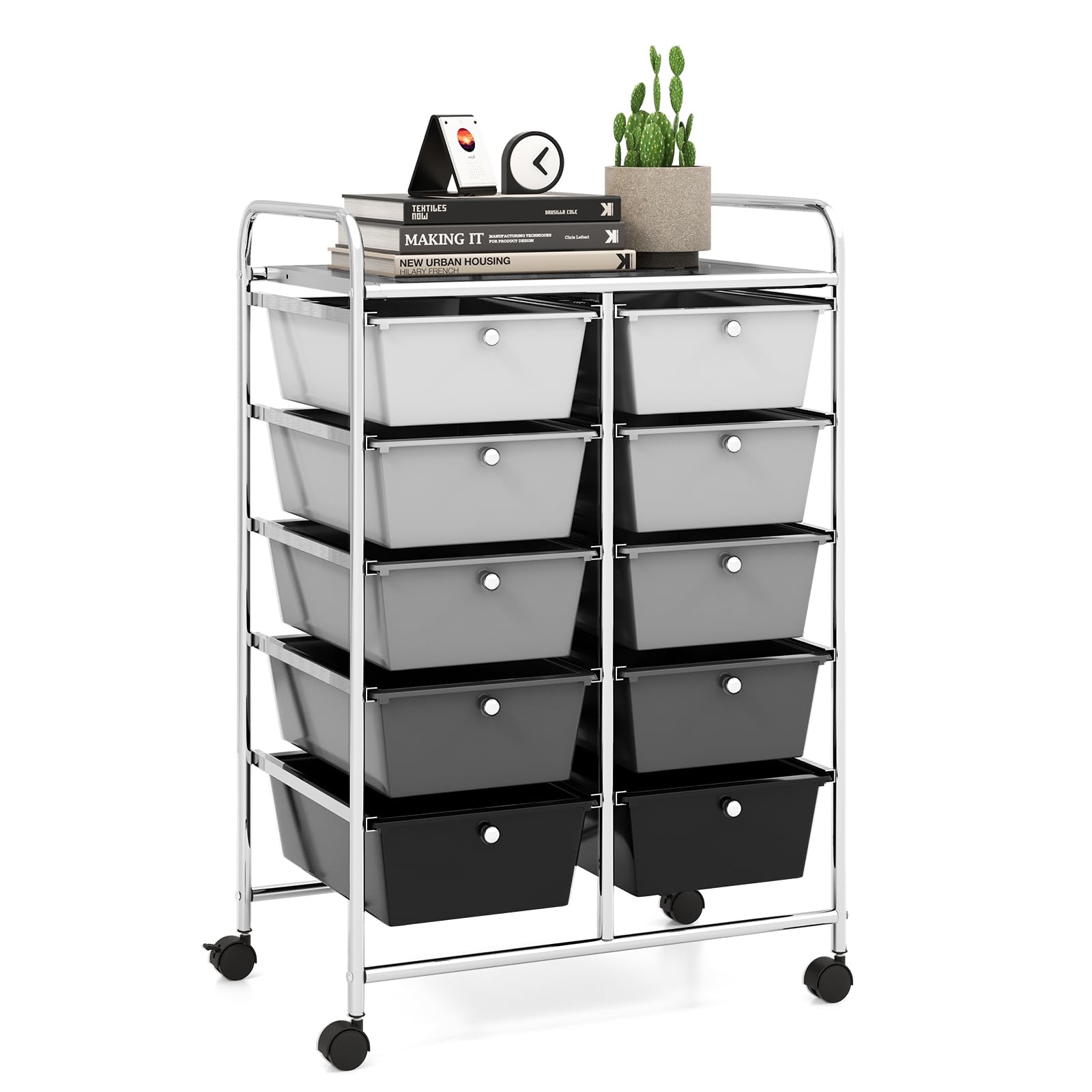 LDAILY 10 Drawer Rolling Cart, Storage Cart Organizer on Wheels, Drawer Cart with Metal Frame &amp; Large Storage Capacity, Rolling Cart with Drawers for Living Room Classroom, Office