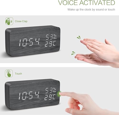 Miniatura 7 de KeeKit Reloj despertador digital de madera, reloj de escritorio LED electrónico con pantalla de temperatura y humedad, 3 ajustes de alarma, control
