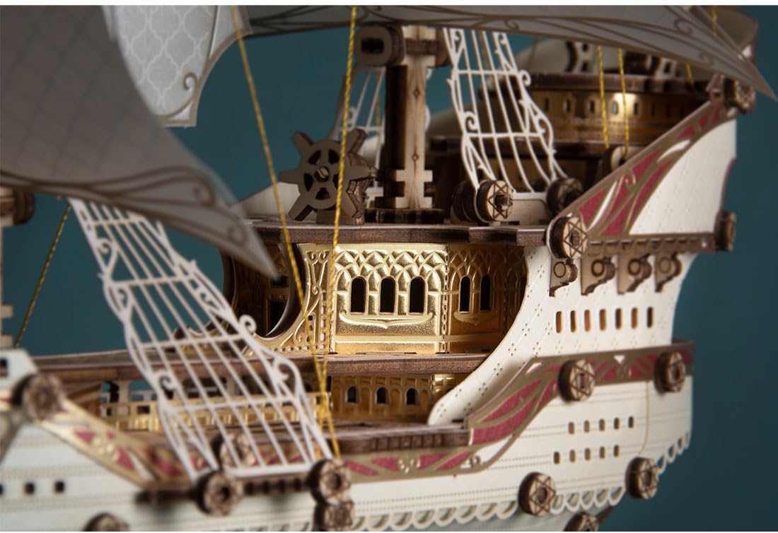 3D DIY Victorian-Style Wooden Fairy Ship Detailed Assembly Model Kit (White/386 Pieces) — Twin-masted Warship Layout with A Four-Deck Stern Castle