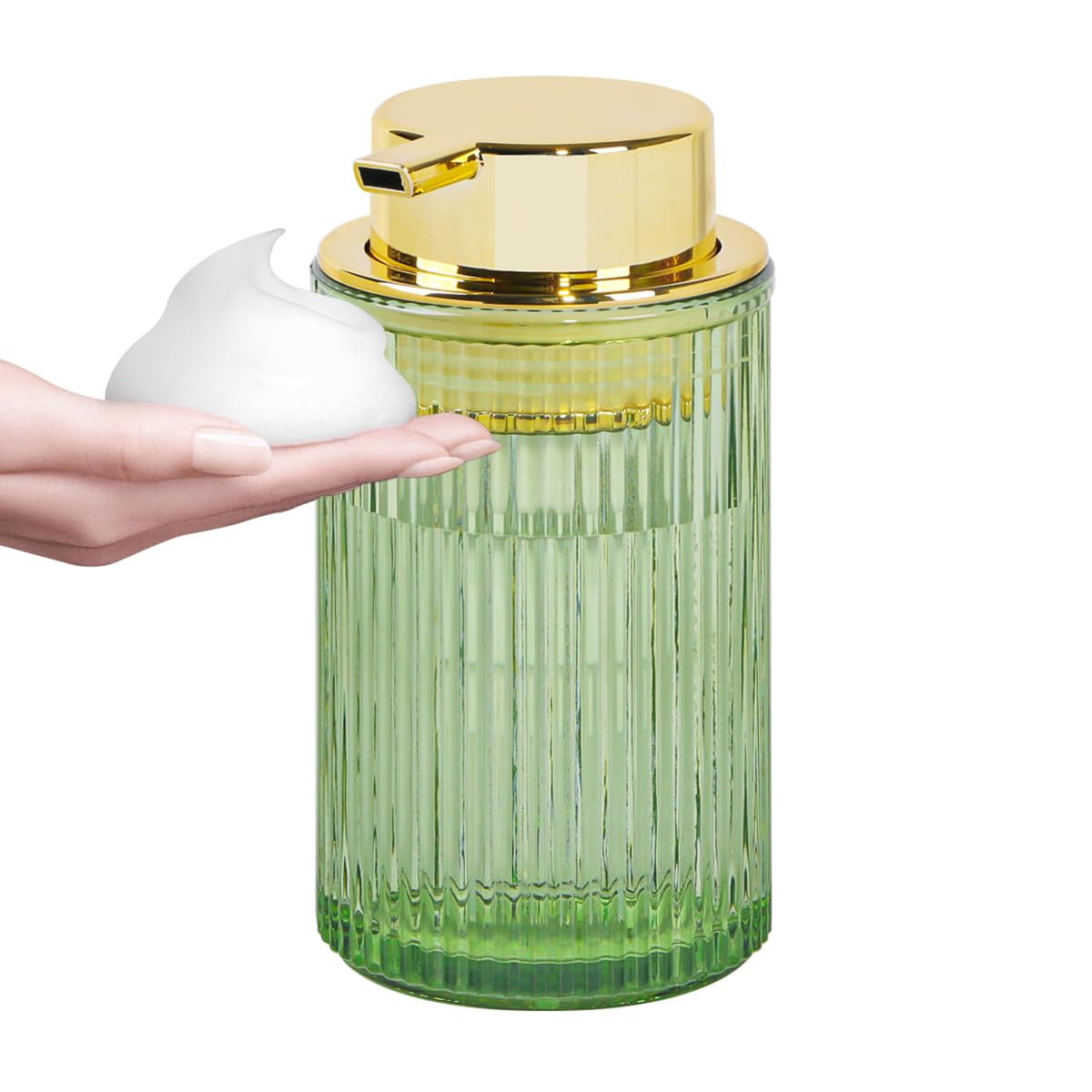 Schaumseifenspender, Badezimmer, grünes Glas, Schaumseifenspender, nachfüllbar, 340 ml, Schaumpumpenbehälter mit Goldener Pumpe, dekorativer schlanker Gerippter Spülseifenspender für Küche