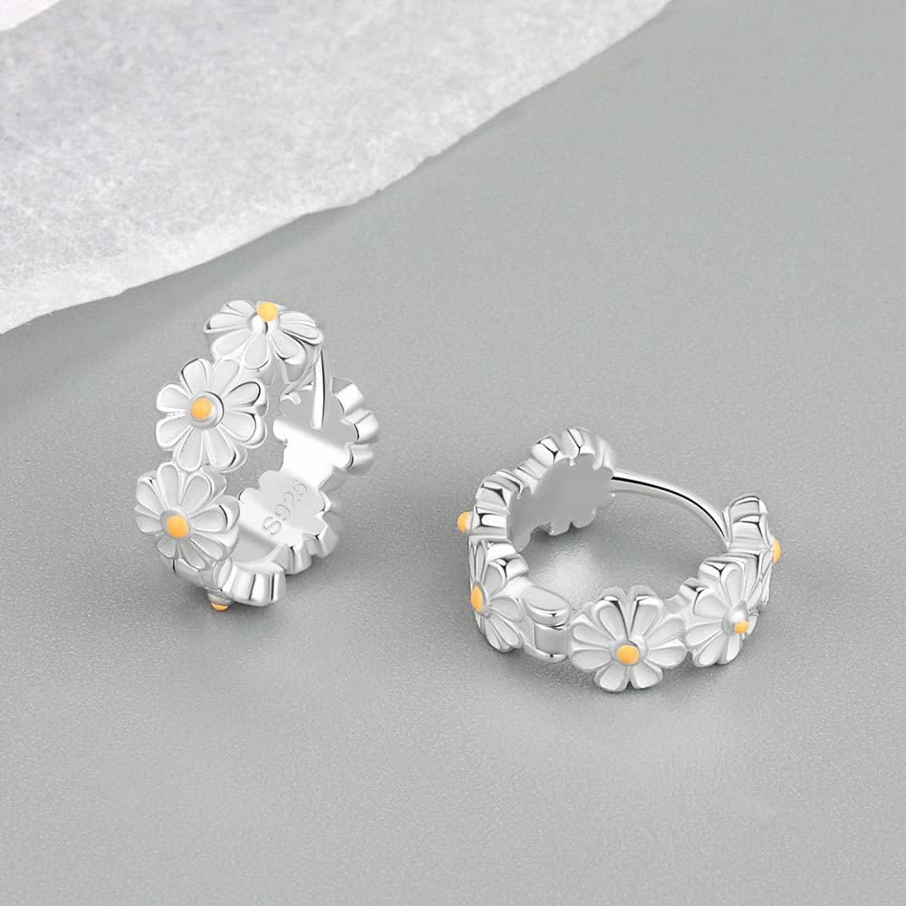 Daisy Small Hoops Earrings Sterling Silver Plated for Women Girls Mini Tiny Cute Cartilage Round Huggie Wedding Earring Lucky Sunflower Sleeper Jewelry Gifts Valentine's Day Bff Birthday Graduation - Image 5