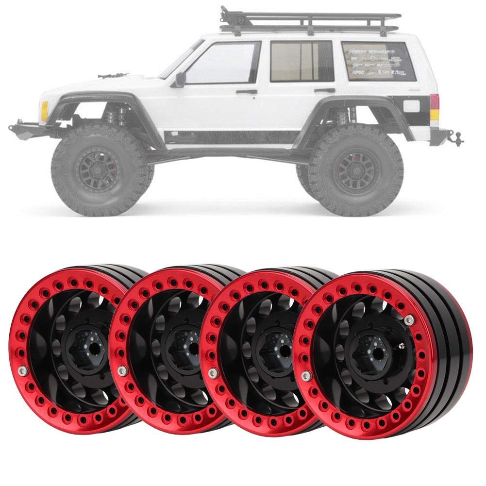 4Pcs 1.9 Pouce Jantes Beadlock moyeu de Jante Accessoire pour SCX10 1/10 RC Voiture(Black Red)