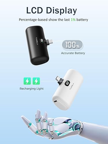 Miniatura 4 de Taegila Cargador portátil pequeño USB C Power Bank de 5000 mAh, mini batería de teléfono celular con cable integrado, pantalla LCD y luz LED para