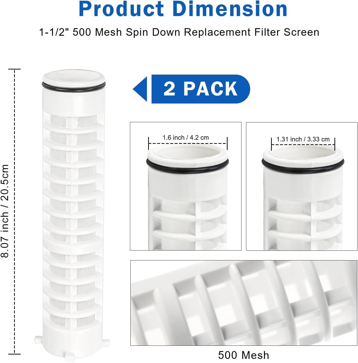 1-1/2" 500 Mesh Spin Down Sediment Replacement Rusco Filter Screen, Spin Down 1 1/2"-500 Sediment Filter Replacement for Rusco Vu Flow for Well Water and Sprinkler Irrigation Filters, 2 Pcs