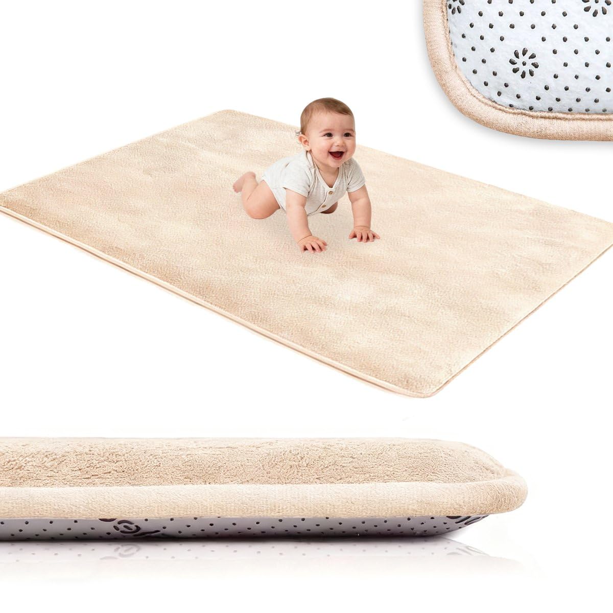 Baby Spielmatte 3 cm Dick Krabbelmatte, Dicke Weiche Polsterschaum Krabbeldecke für Babys und Kleinkinder, Anti Rutsch Matte Baby Spieldecke für Laufgitter Beige, 130 x 130 cm
