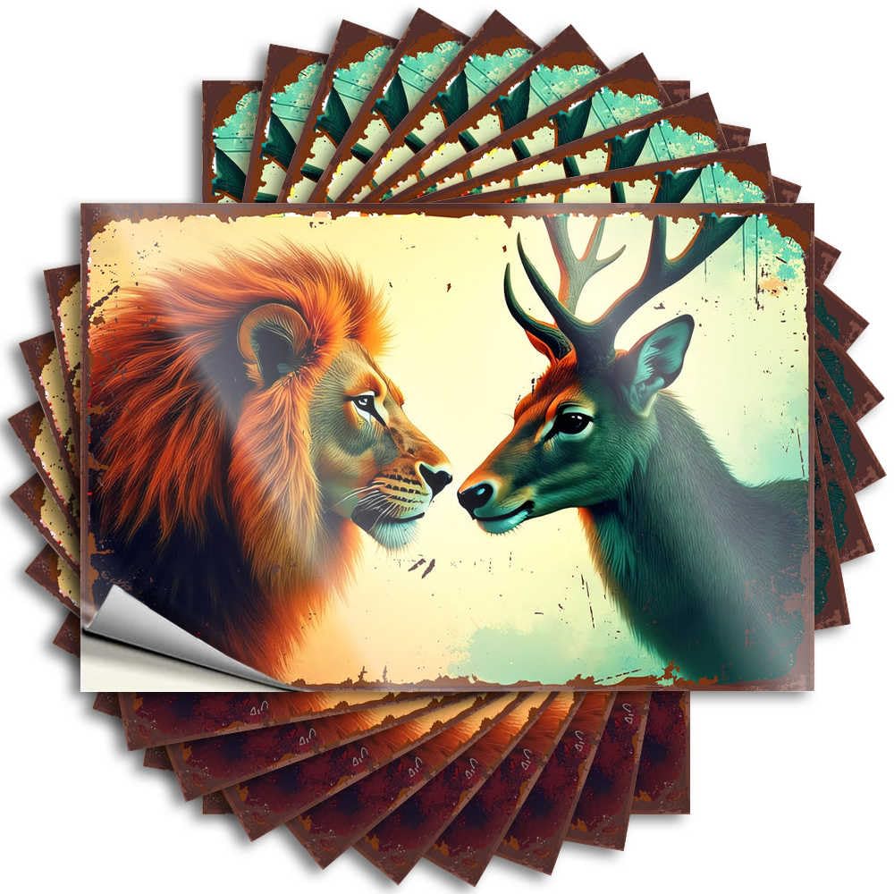Indie Bumper Sticker - Two Majestic Beasts: Lion and Deer in Harmony Fun Durable Sticker Easy Apply for Billiards Decor(12X18CM)