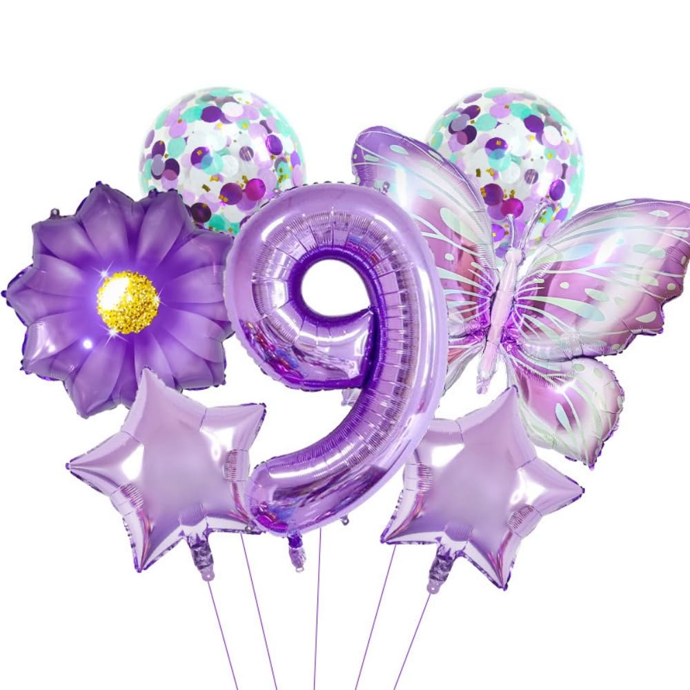 9th Butterfly Birthday Balloon Decorations， Birthday Decorations for Girls 9th Butterfly Theme Birthday Party Decoration Supplies (7Pcs purple 9)