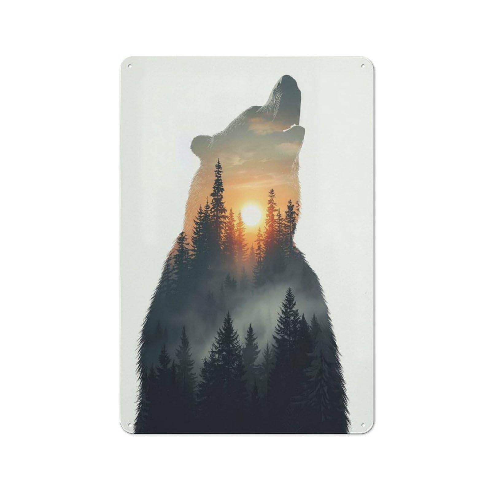 Junmoney Style-11 Tin Wall Plaque 30X20cm With Bear Silhouette With Forest Sunset For Man Cave Or Games Room, For Vintage Wall Decor Fans, For Themed Room Decoration